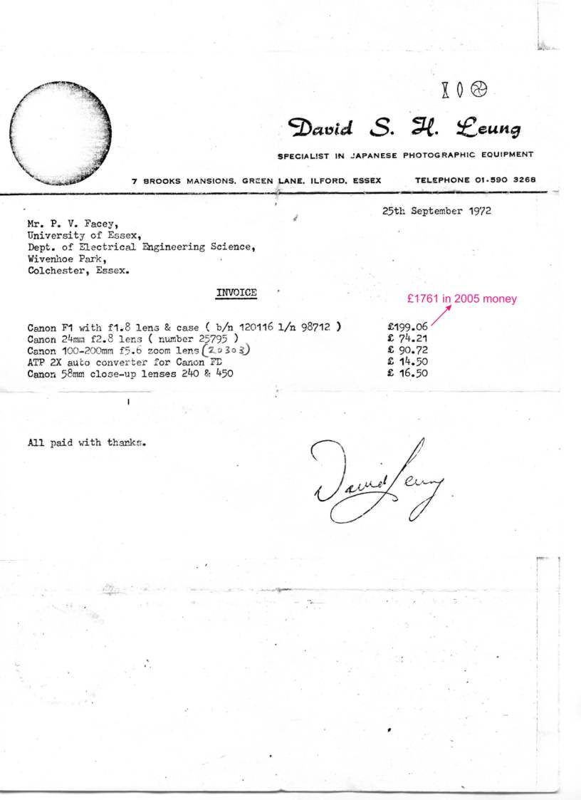 Copy of 1972 invoice for Canon F1 equipment